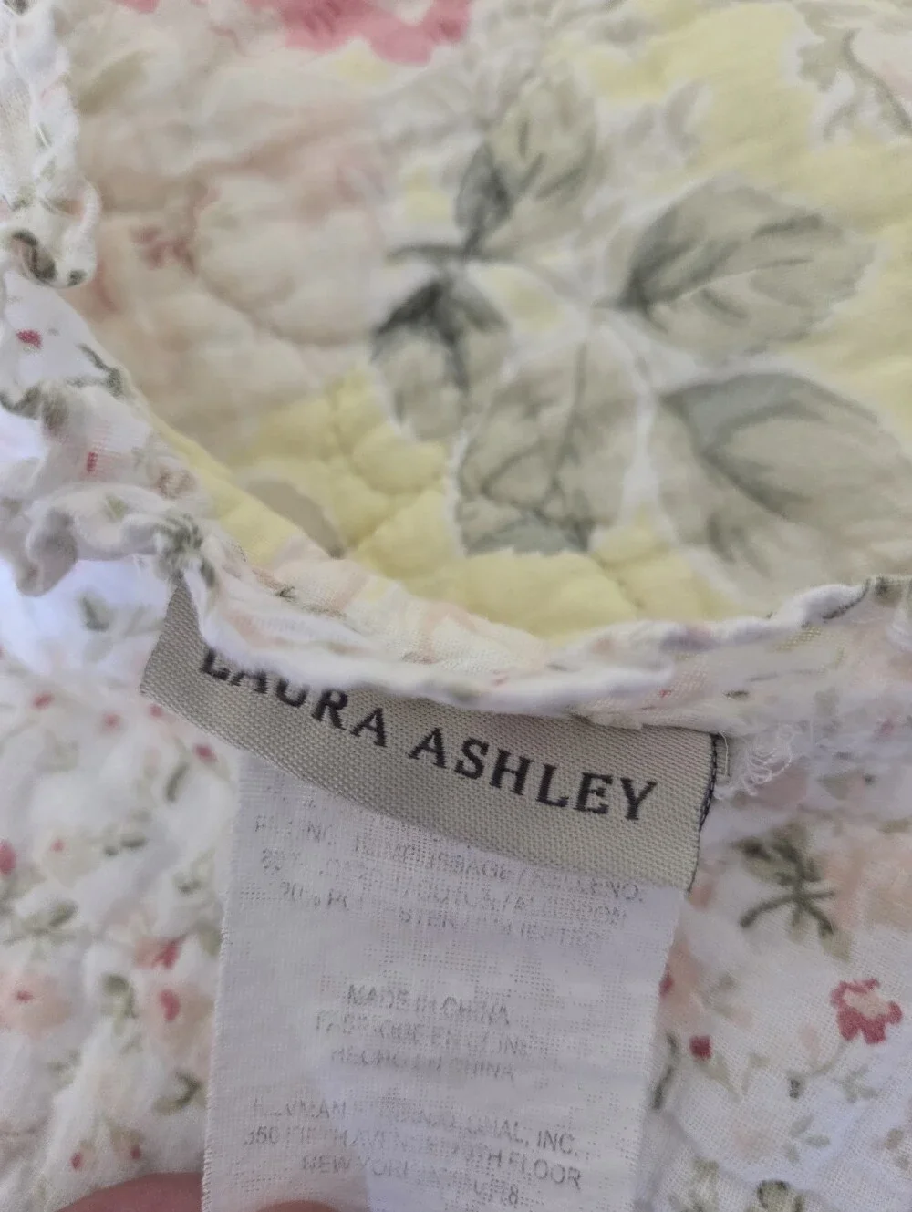 Laura Ashley Vintage Floral Ruffled Quilt and Sham in Lemon Yellow and Pink